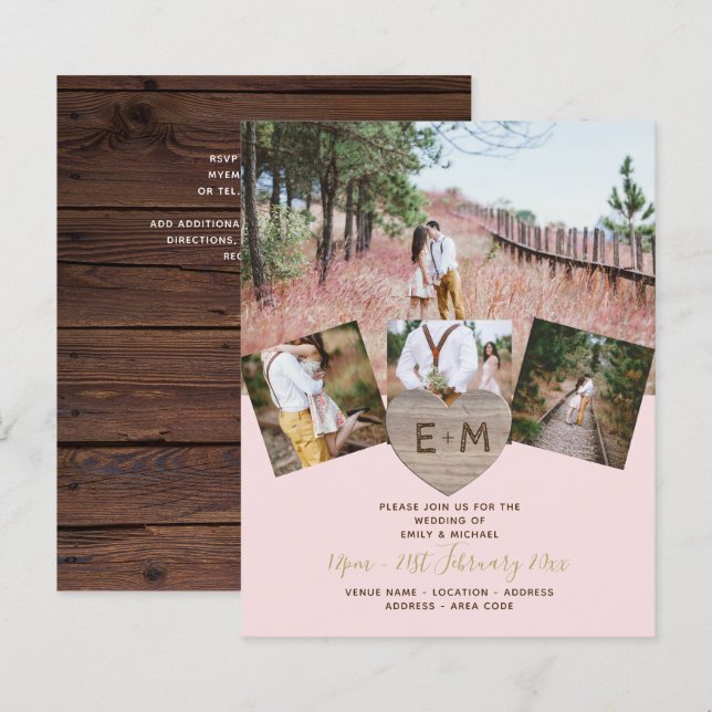 Rustic Wood Engraved Heart PHOTO COLLAGE Invati (Fram/baksida)