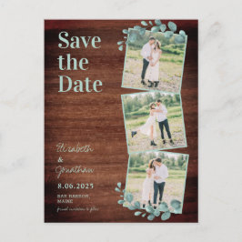 Rustic Wood Eucalyptus 3 Photo Save Date Vykort