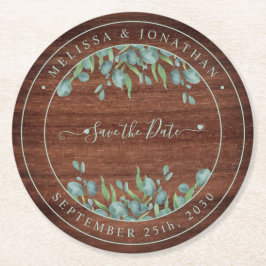 Rustic Wood Eucalyptus Bröllop spara datum Underlägg Papper Rund