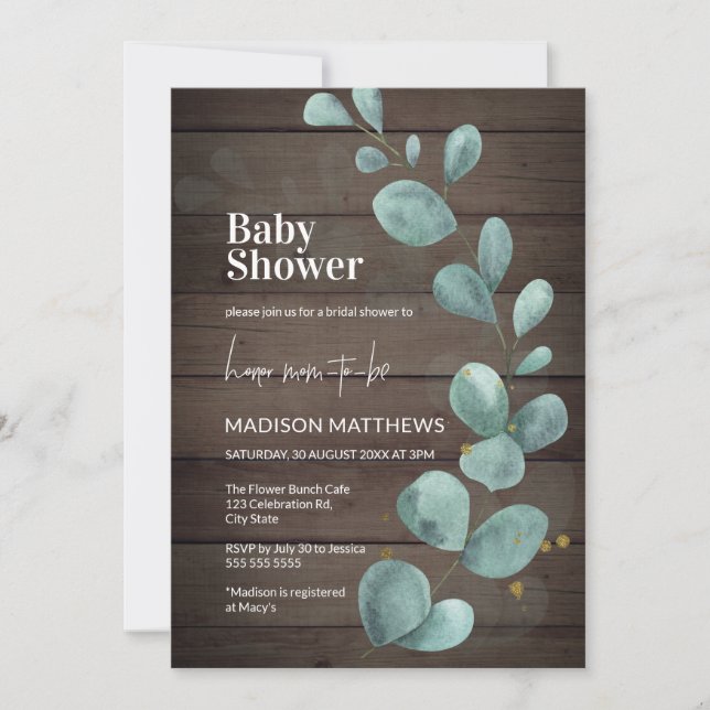 Rustic Wood Eucalyptus Greenery Baby Shower Invita Inbjudningar (Framsida)