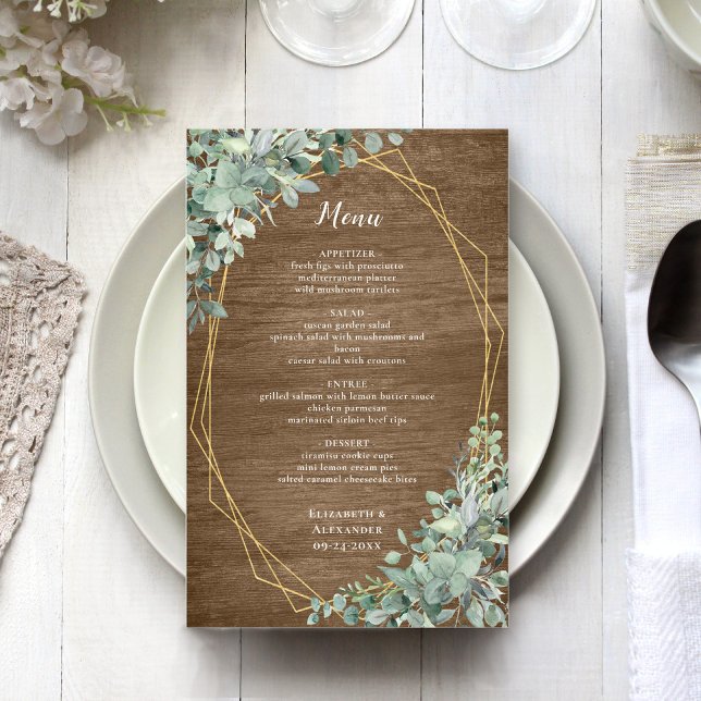 Rustic Wood Eucalyptus Greenery Guld Bröllop Menu (Skapare uppladdad)