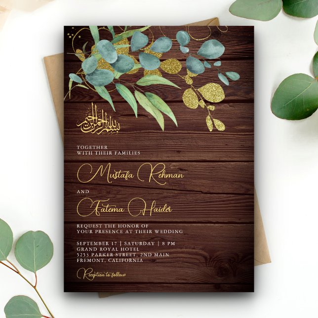 Rustic Wood Eucalyptus Guld Gren Islamic Bröllop Inbjudningar (Skapare uppladdad)