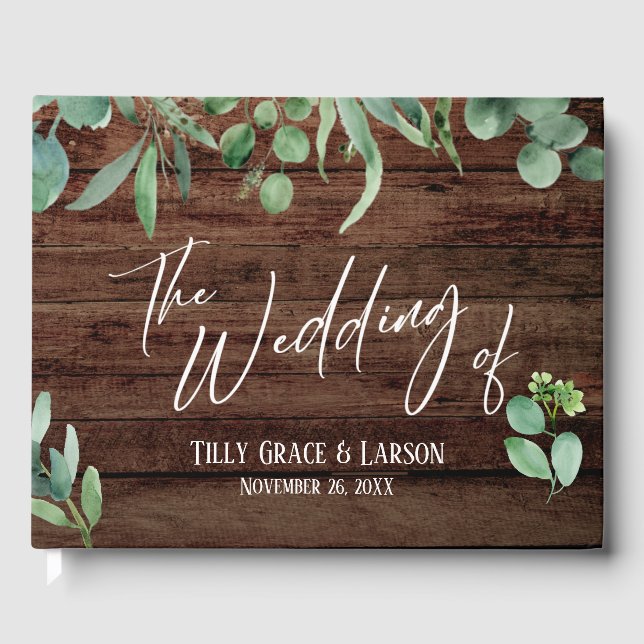 Rustic Wood Eucalyptus Handwrite Guestbook Gästböcker (Framsida)