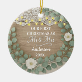 Rustic Wood & Eucalyptus Mr & Mrs Christmas Julgransprydnad Keramik