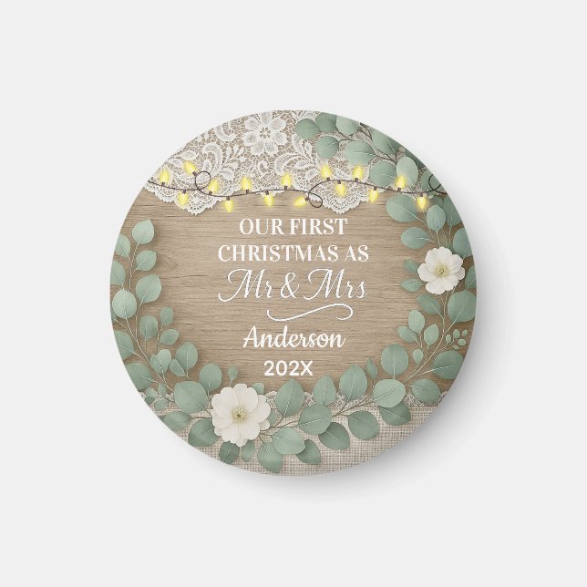 Rustic Wood & Eucalyptus Mr & Mrs Christmas Magnet (Framsidan)