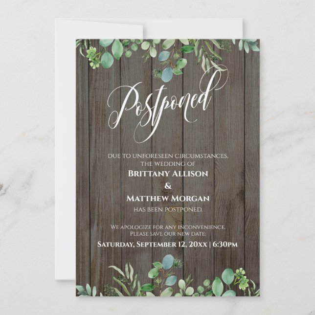Rustic Wood & Eucalyptus Postponed Bröllop Card Inbjudningar (Framsida)