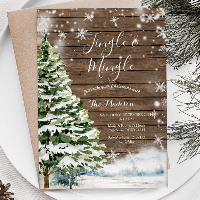 Rustic Wood Evergreen Jingle & Mingle Winter Party Inbjudningar (Skapare uppladdad)
