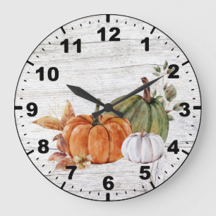 Rustic Wood Fall Autumn Pumpkins Greenery Stor Klocka