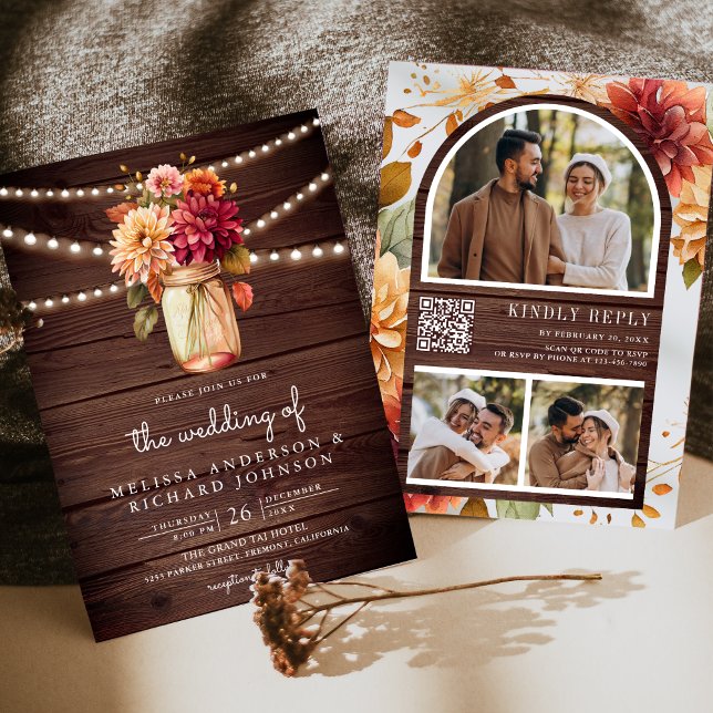 Rustic Wood Fall Dahlia Mason Burk QR Code Bröllop Inbjudningar (Skapare uppladdad)