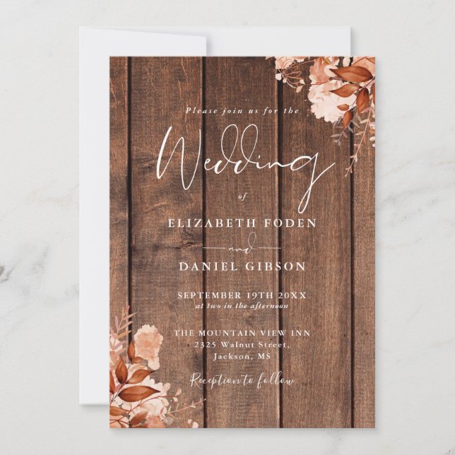 Rustic Wood Fall Floral QR Code Wedding Inbjudningar (Framsida)