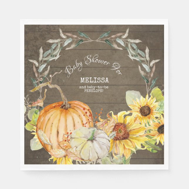 Rustic Wood Fall Pumpkins w Solblommor Baby Shower Pappersservett (Framsidan)