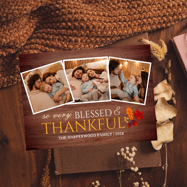 Rustic Wood Fall thanksgiving-familj Tre foto Julkort (Skapare uppladdad)
