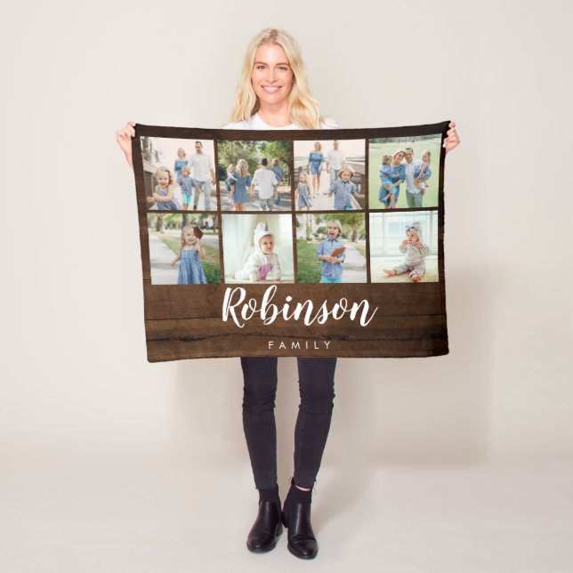 Rustic Wood Family Monogram 8 Photo Collage Fleecefilt (På plats)