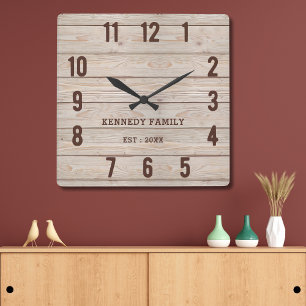 Rustic Wood Family Namn Farmhouse Kitchen Fyrkantig Klocka