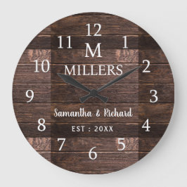 Rustic Wood Family Namn Monogram Farmhouse Stor Klocka