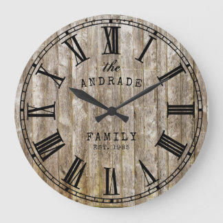 Rustic Wood Family Namn Roman Numeral Farmhouse Stor Klocka