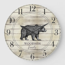 Rustic Wood Family Namn Walking Bear Large Clock