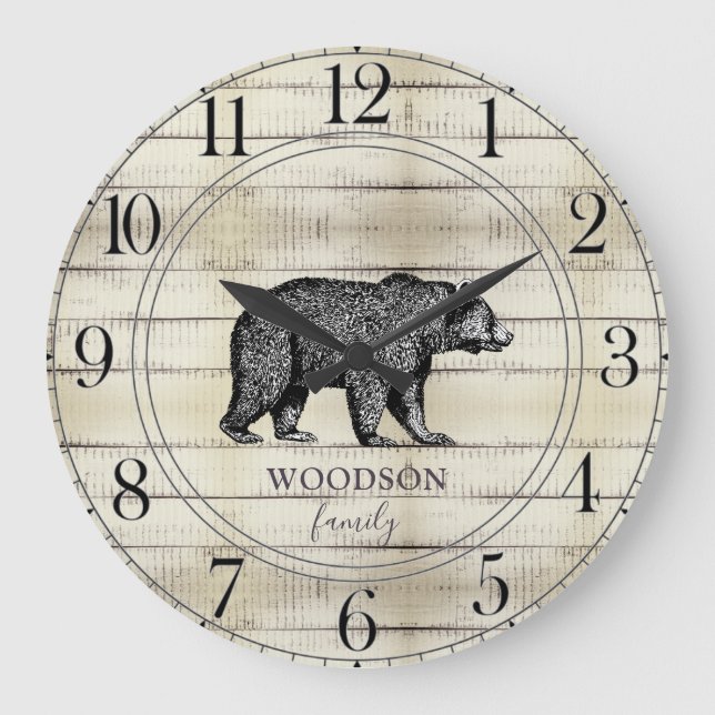 Rustic Wood Family Namn Walking Bear Large Clock Stor Klocka (Framsida)