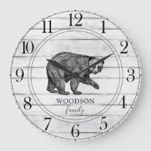 Rustic Wood Family Namn Walking Bear Large Clock