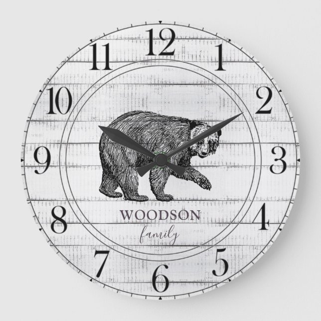 Rustic Wood Family Namn Walking Bear Large Clock Stor Klocka (Framsida)