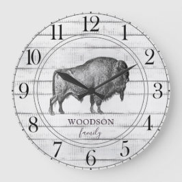 Rustic Wood Family Namn Walking Bison Buffalo Stor Klocka
