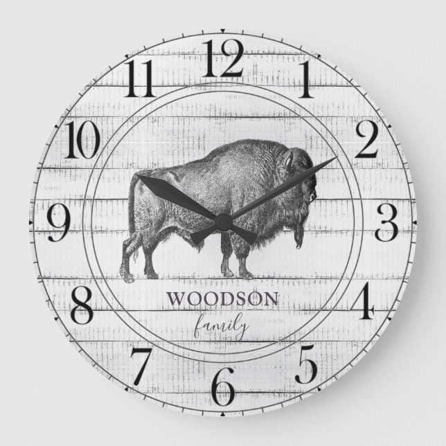 Rustic Wood Family Namn Walking Bison Buffalo Stor Klocka (Framsida)