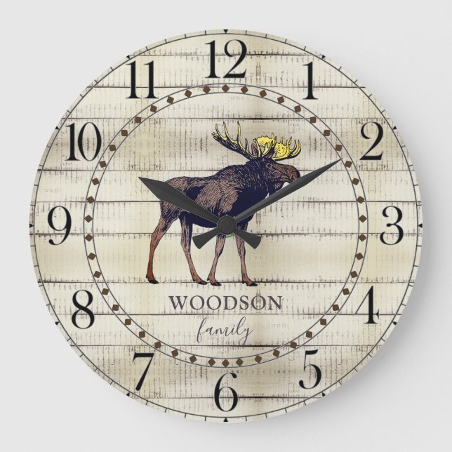 Rustic Wood Family Namn Walking Moose Large Clock Stor Klocka (Framsida)