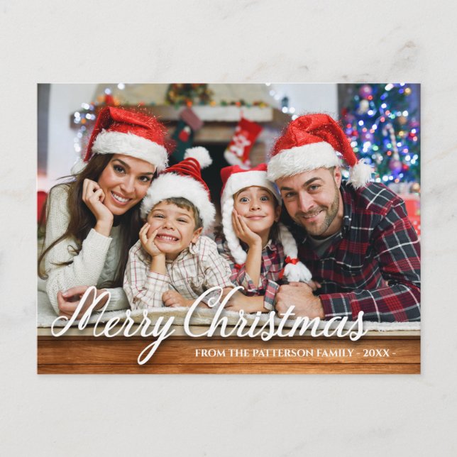 Rustic Wood Family Photo God jul Modern Vykort (Framsida)