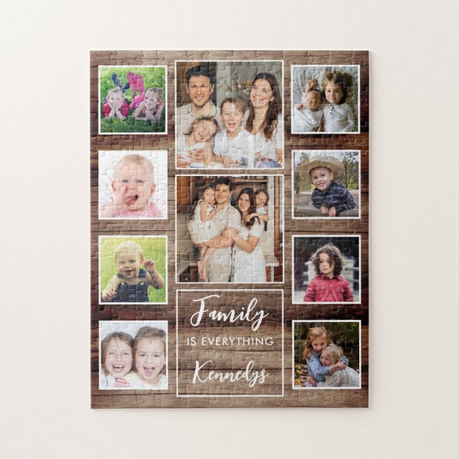 Rustic Wood Family Quote Namn 10 Photo Collage Pussel (Vertikal)