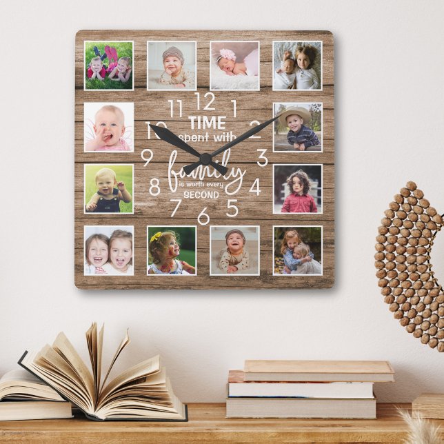Rustic Wood Family Time Quote 12 Photo Collage Fyrkantig Klocka (Skapare uppladdad)