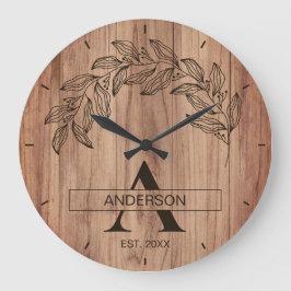 Rustic Wood Farmhouse Family Name Monogrammed Stor Klocka