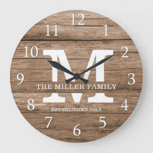 Rustic Wood Farmhouse Family Namn Monogram Stor Klocka