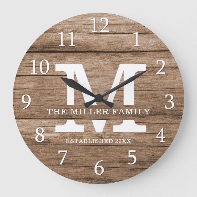 Rustic Wood Farmhouse Family Namn Monogram Stor Klocka (Framsida)