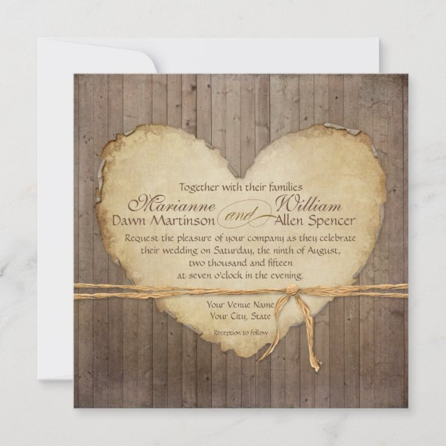 Rustic Wood Fence Boards Heart Anqument Parchment Inbjudningar (Framsida)