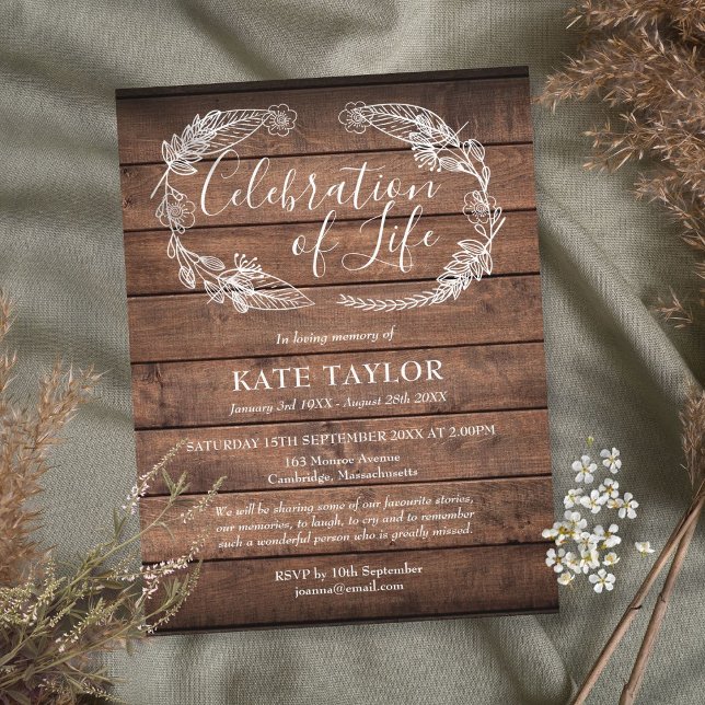 Rustic Wood Firande of Life Funeral Meddelande Vykort (Skapare uppladdad)