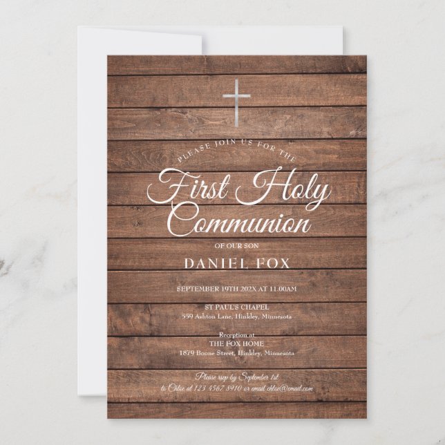 Rustic Wood First Heliga Communion Call Inbjudningar (Framsida)