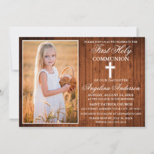 Rustic Wood First Heliga Communion Photo Inbjudningar