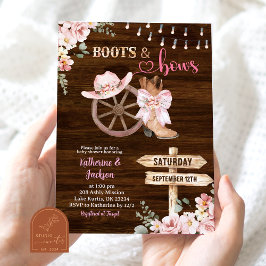 Rustic Wood Floral Boots and Bows Baby Shower Inbjudningar