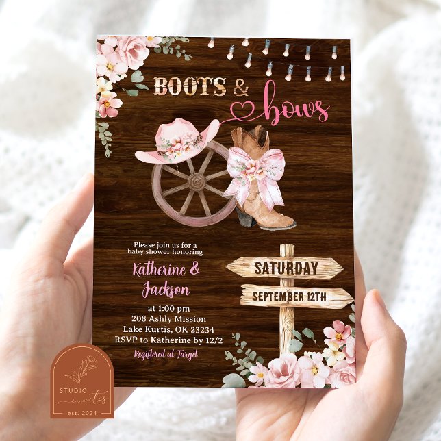 Rustic Wood Floral Boots and Bows Baby Shower Inbjudningar (Skapare uppladdad)