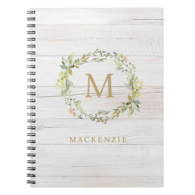 Rustic Wood Floral Watercolor Monogram Anteckningsbok (Framsidan)