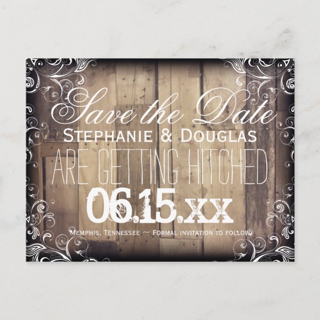 Rustic Wood Flourish Save Date Postcards Meddelande Vykort (Framsida)