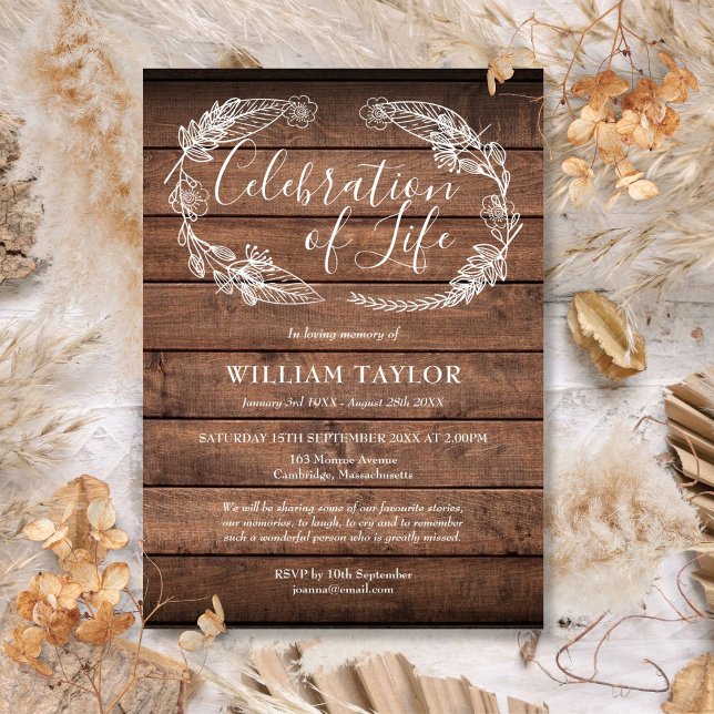 Rustic Wood Foliage Firande of Life Funeral Inbjudningar (Rustic Wood Foliage Celebration of Life Funeral Invitation)