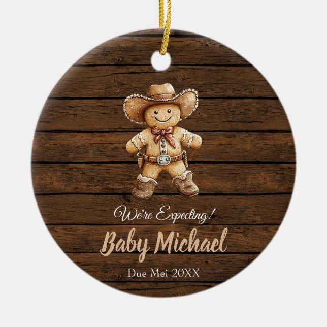 Rustic Wood Gingerbrows Vi väntar oss gift Julgransprydnad Keramik (Framsidan)