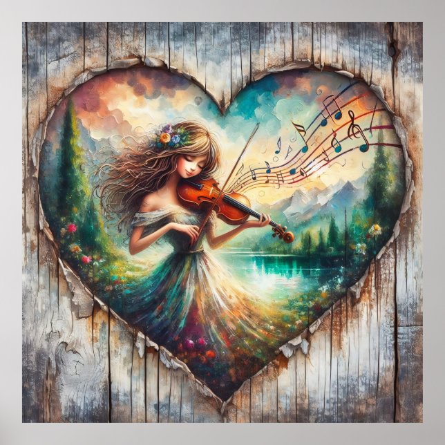 Rustic Wood Girl spelar Violin Music Poster (Framsidan)