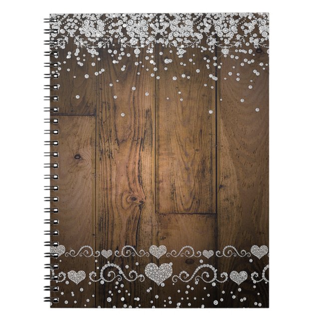 Rustic Wood Glam Diamonds Glitter Bröllopsfixaren Anteckningsbok (Framsidan)