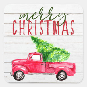 Rustic Wood God jul Red Lastbil Farmhouse Fyrkantigt Klistermärke