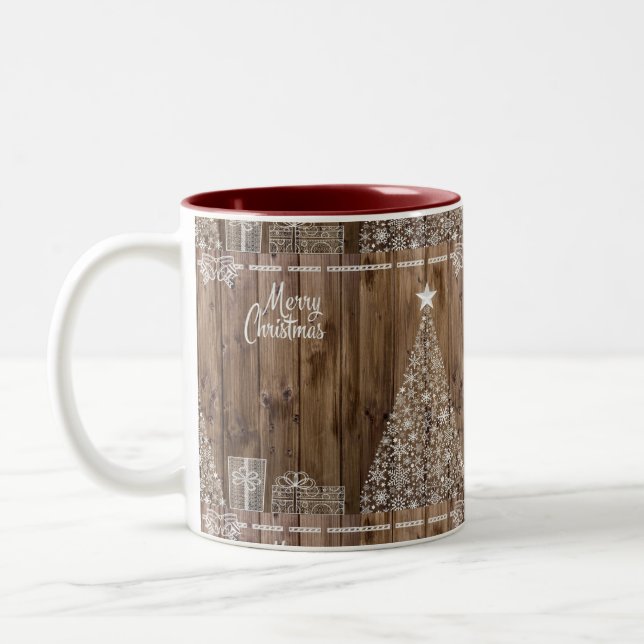 Rustic Wood God jul Snowflake Två-Tonad Mugg (Vänster)