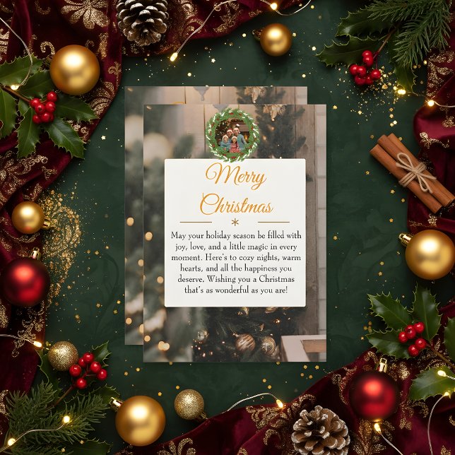 Rustic Wood & Gold Family Christmas Card 2026  Spara Datumet (Skapare uppladdad)