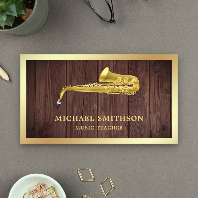 Rustic Wood Gold Foil Saxophone Music Teacher Visitkort (Skapare uppladdad)