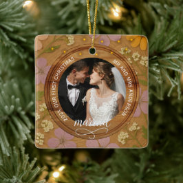 Rustic Wood Grain Floral First Christmas married Julgransprydnad Keramik